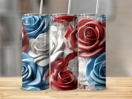 Three tumblers with red, white, and blue rose floral design.