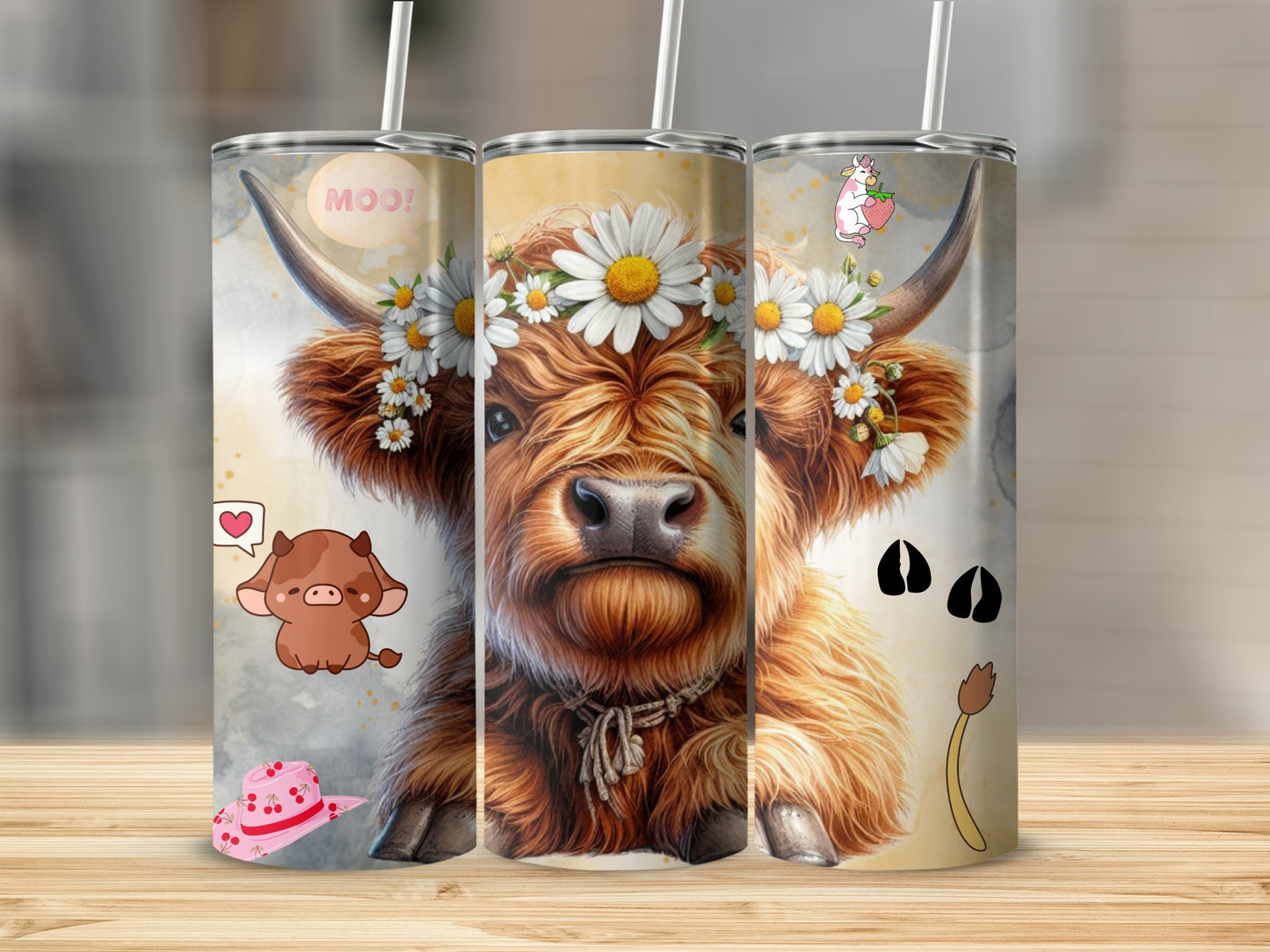 Highland Cow with Flowers and Cute Illustrations Tumbler