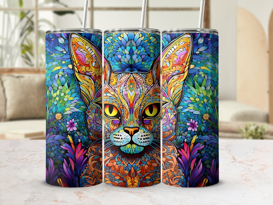 Colorful psychedelic cat tumbler with colorful floral background.