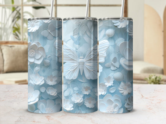 Three tumblers with a blue butterfly and floral embossed design.