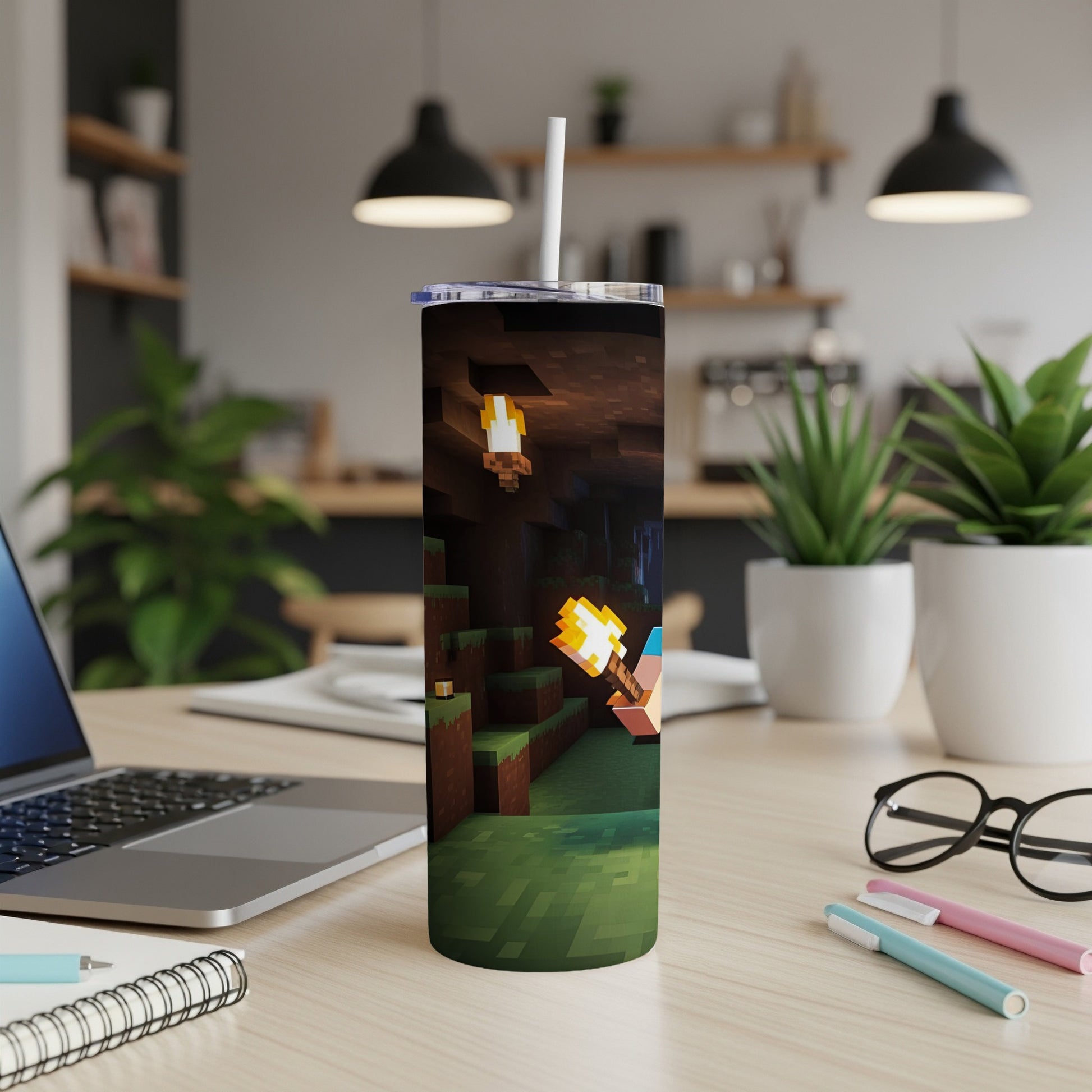 Minecraft themed tumbler with pixelated torch and earthy tones.