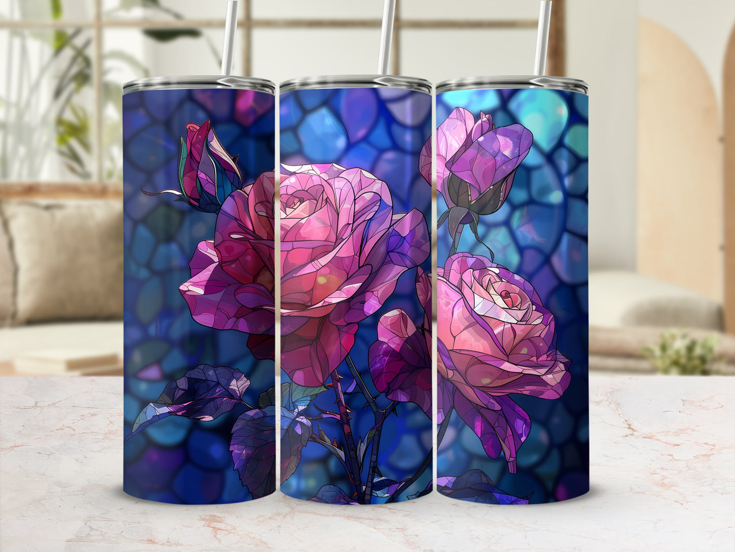 Three tumblers with a stained glass rose design.