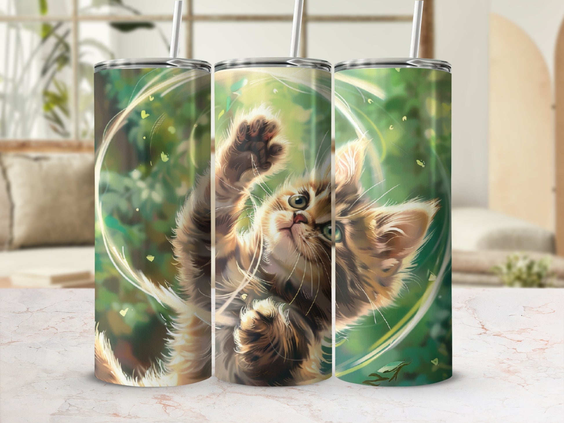 Fluffy kitten playing with a green swirl on a tumbler.