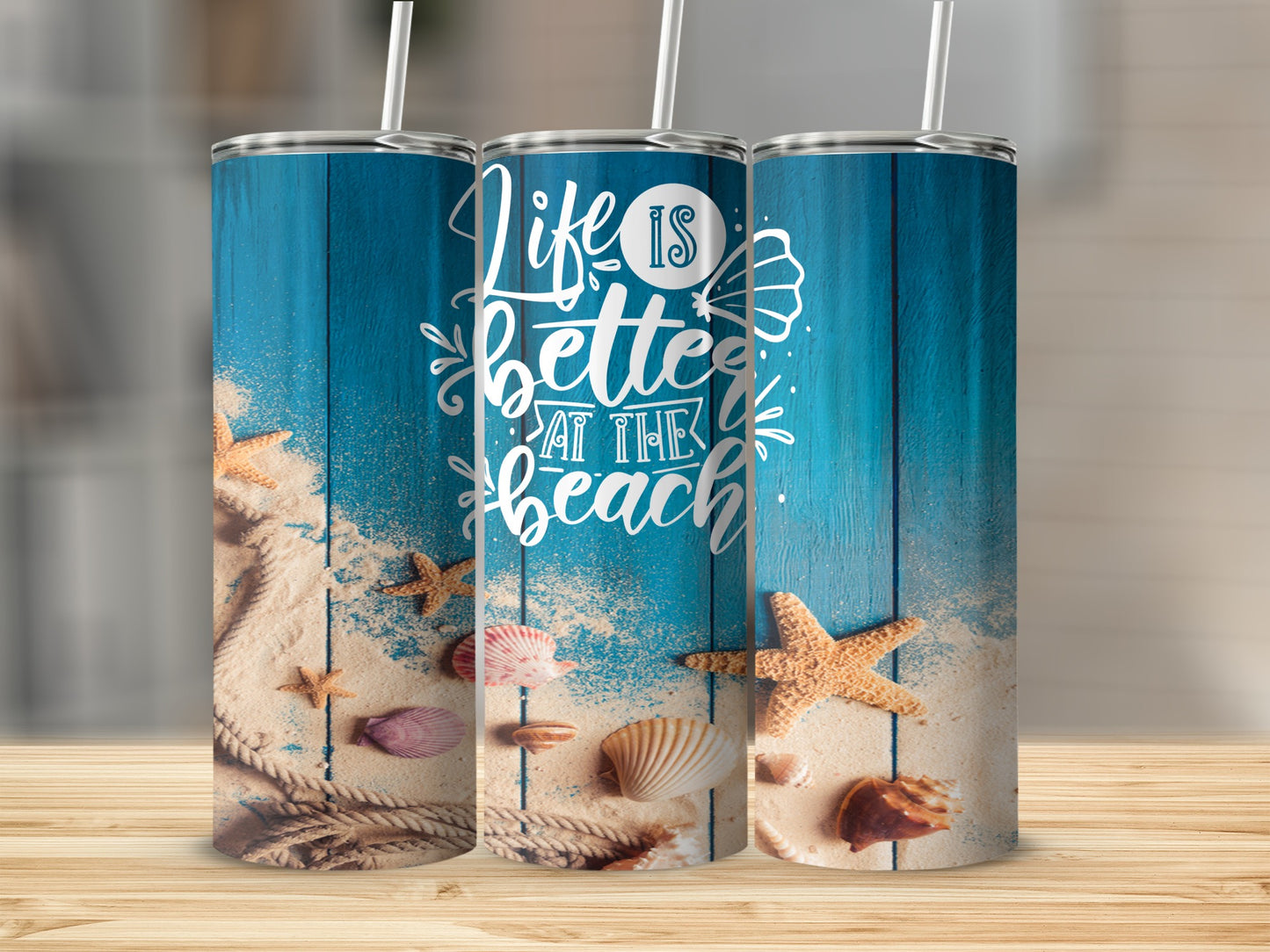 Beach themed tumbler with "Life is better at the beach" text.