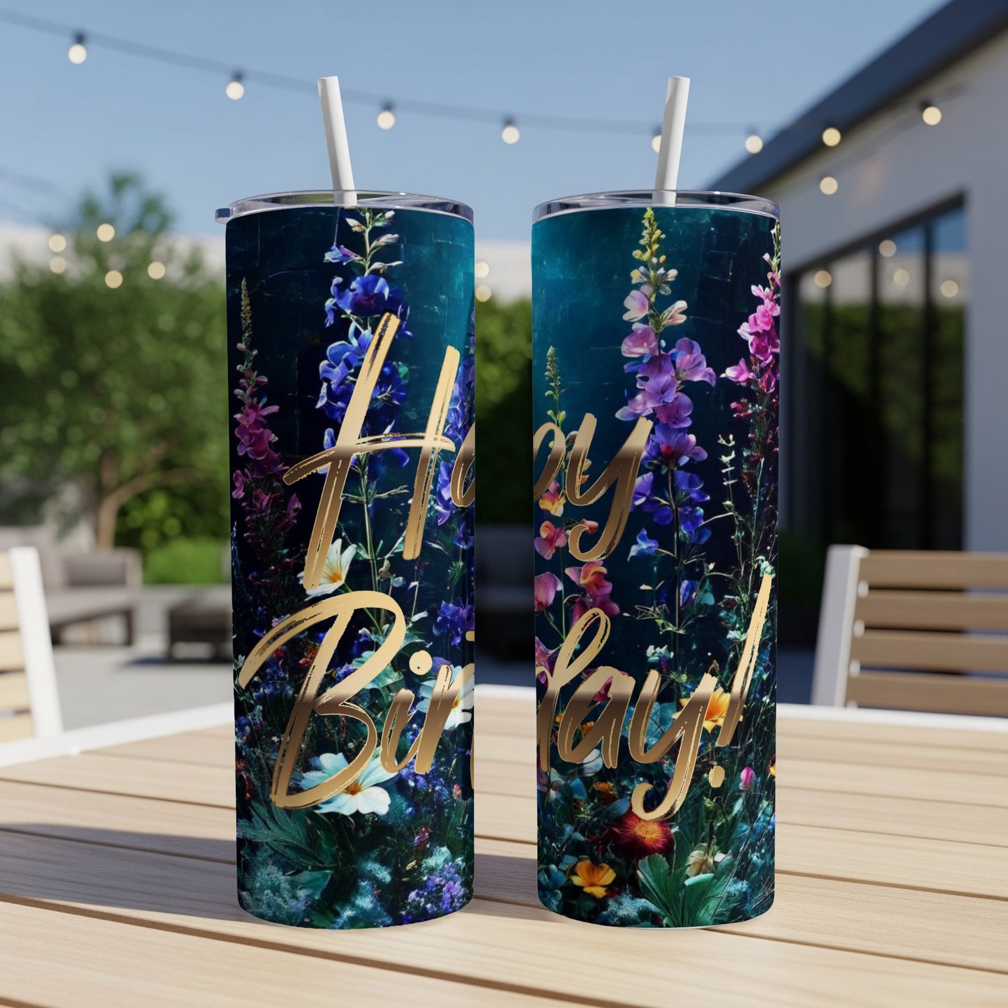 Two tumblers with a floral design and "Happy Birthday!" text.