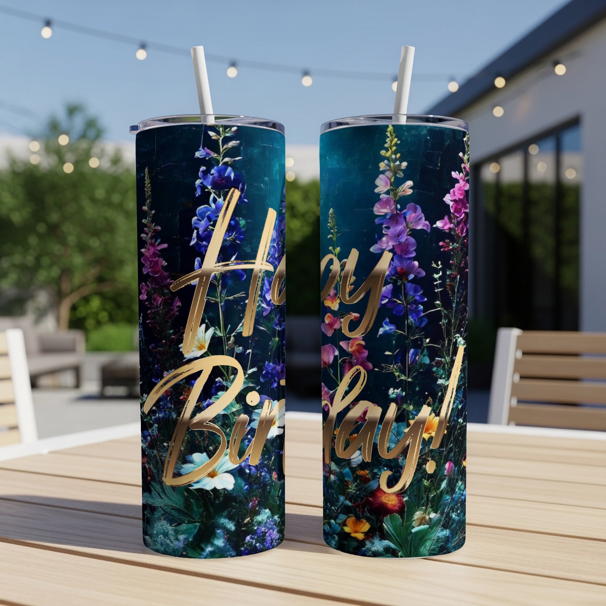 Two tumblers with a floral design and "Happy Birthday!" text.