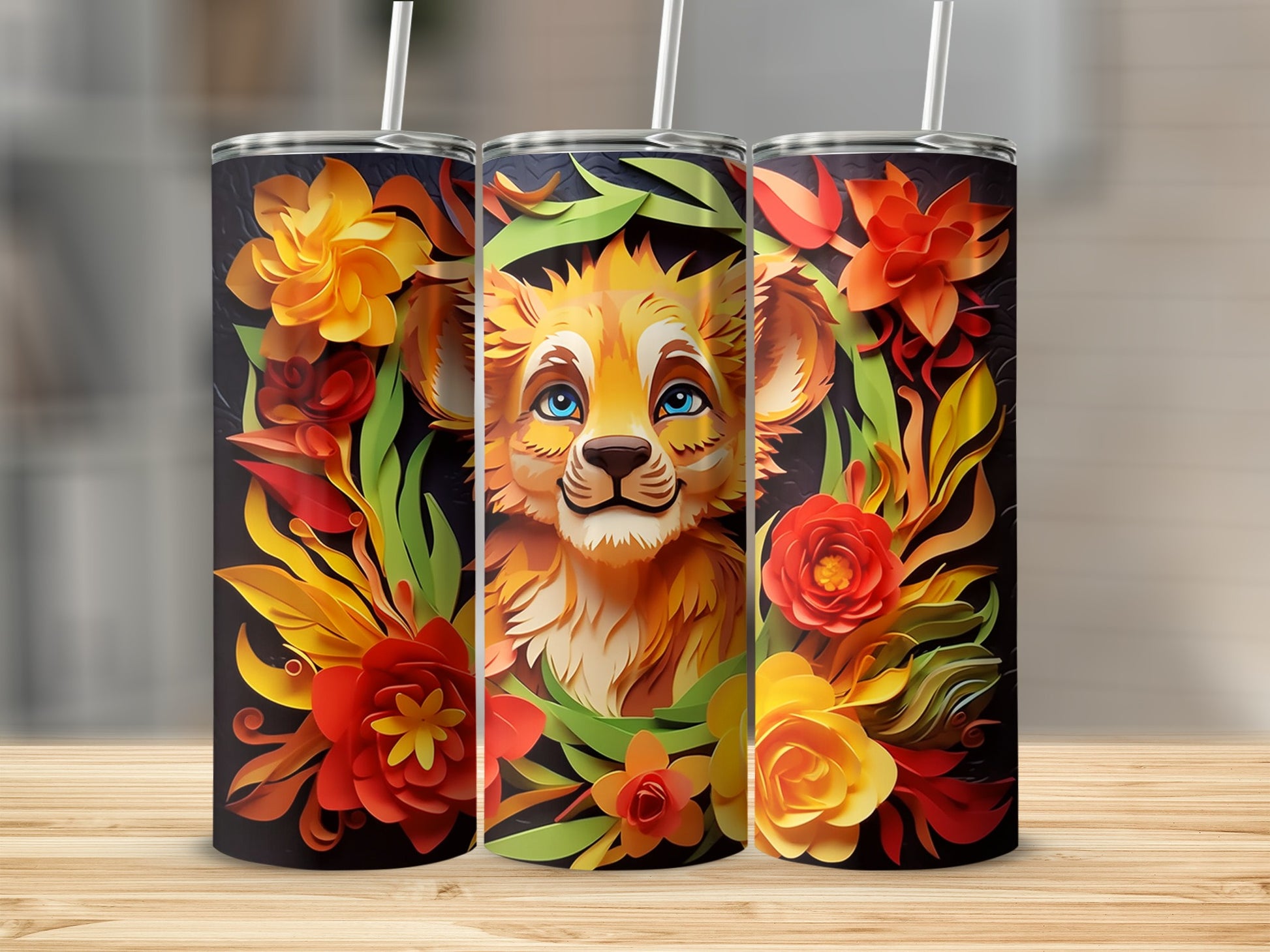 Cute Lion With Colorful Flowers Design Tumbler