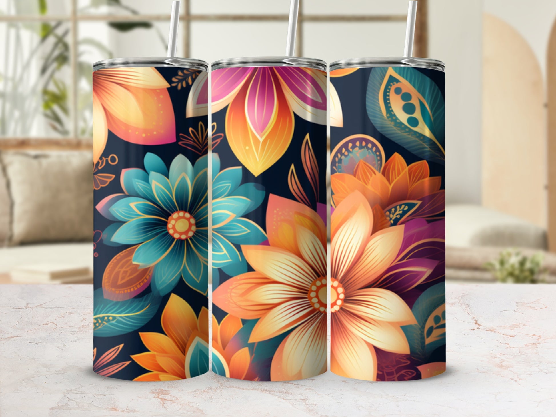 Three tumblers with colorful floral patterns on a marble surface.