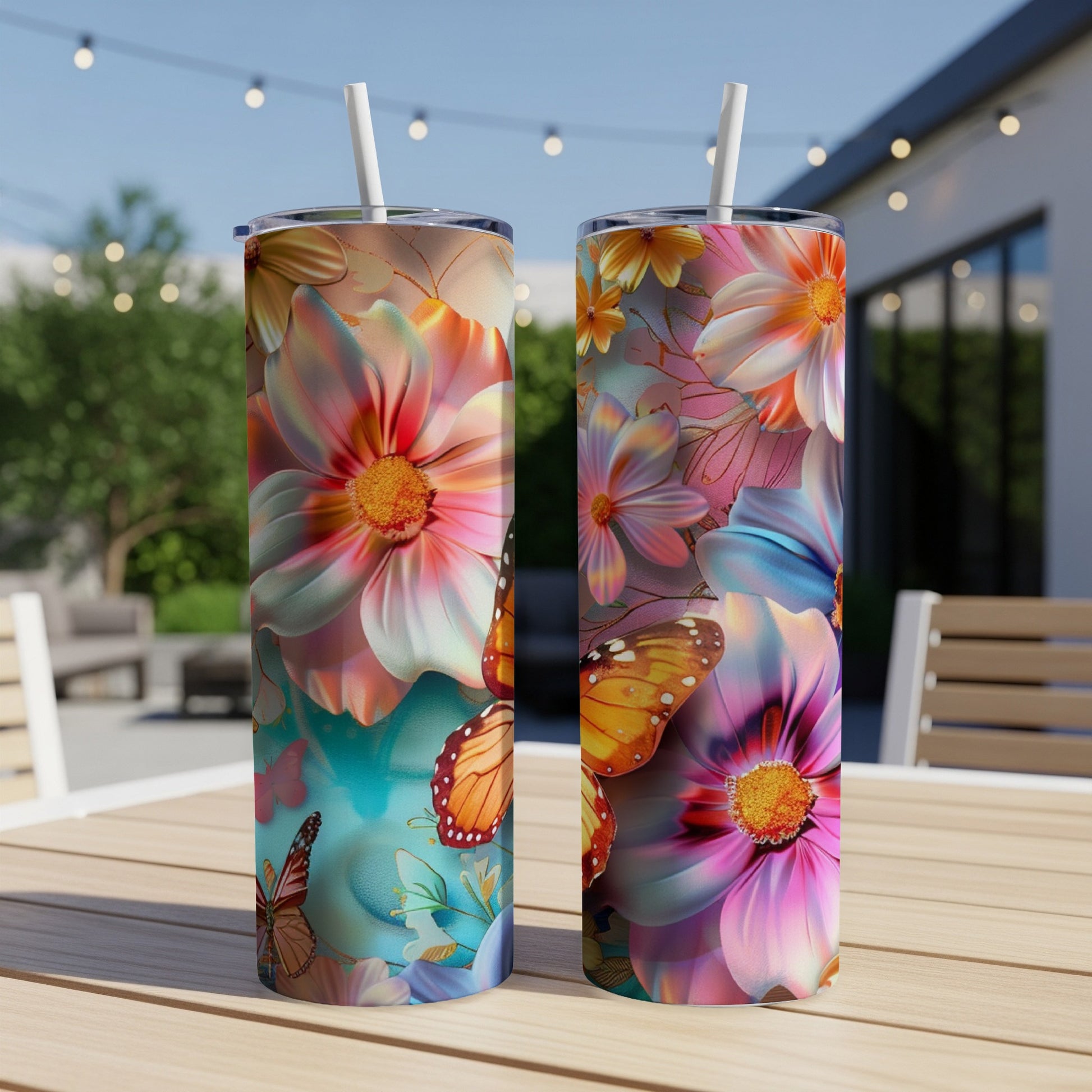 Two colorful floral pattern tumblers with butterflies on a wooden table.