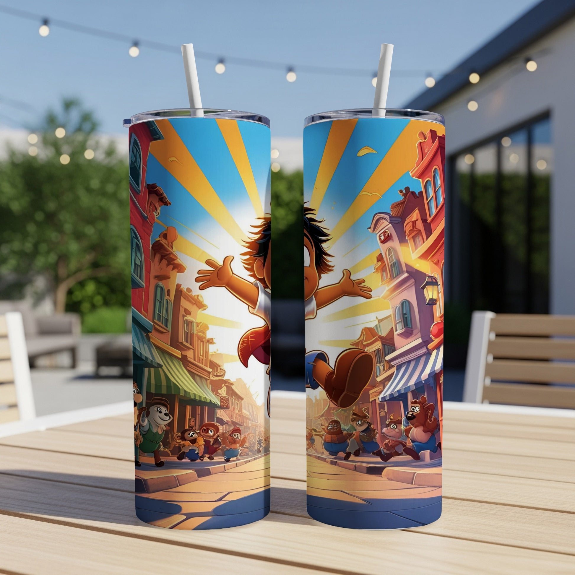 Two tumblers with cartoon characters running down a colorful, sunlit street.