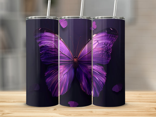 Three purple butterfly tumblers with straws against a dark background.