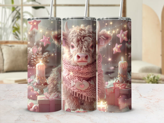 Highland cow with scarf and stars, on a festive background with candles and gifts.
