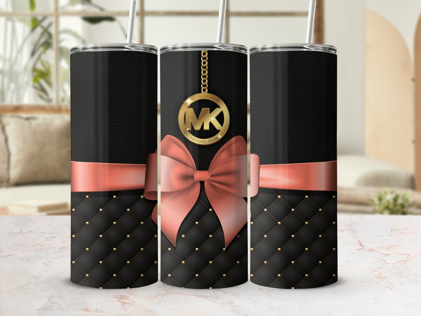 Elegant Black Tumbler with Pink Bow and Gold Accents