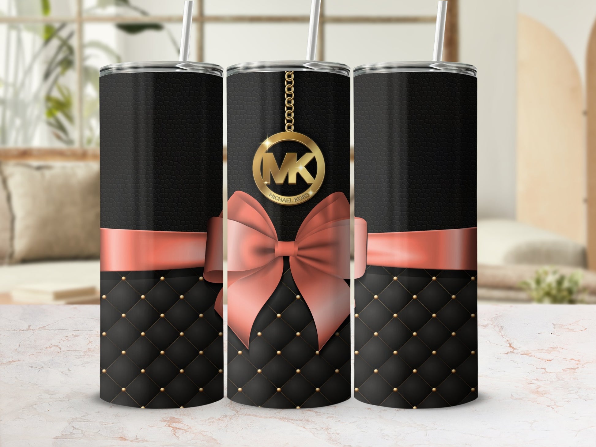 Elegant Black Tumbler with Pink Bow and Gold Accents