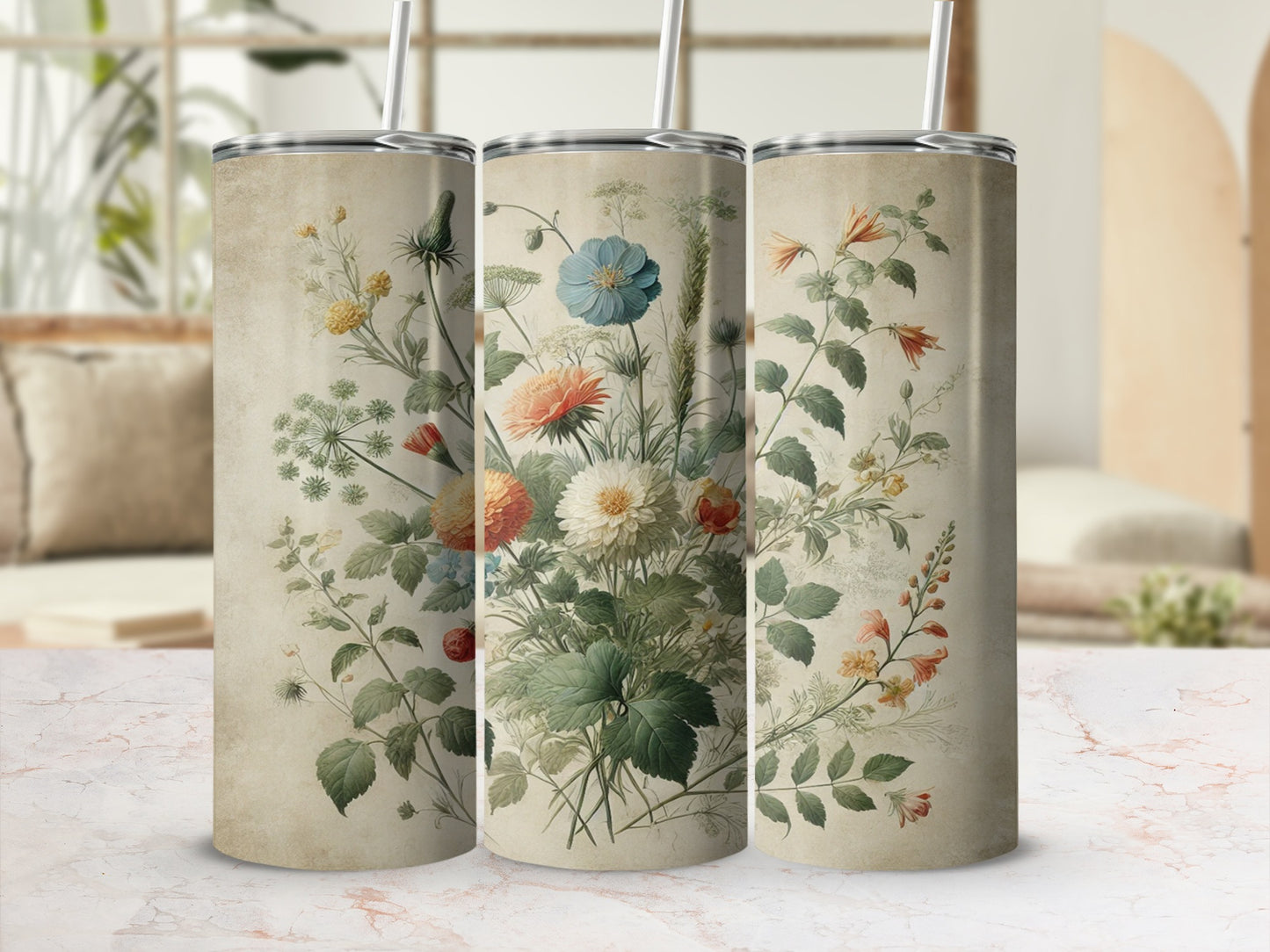 Vintage Botanical Floral Design Travel Tumbler