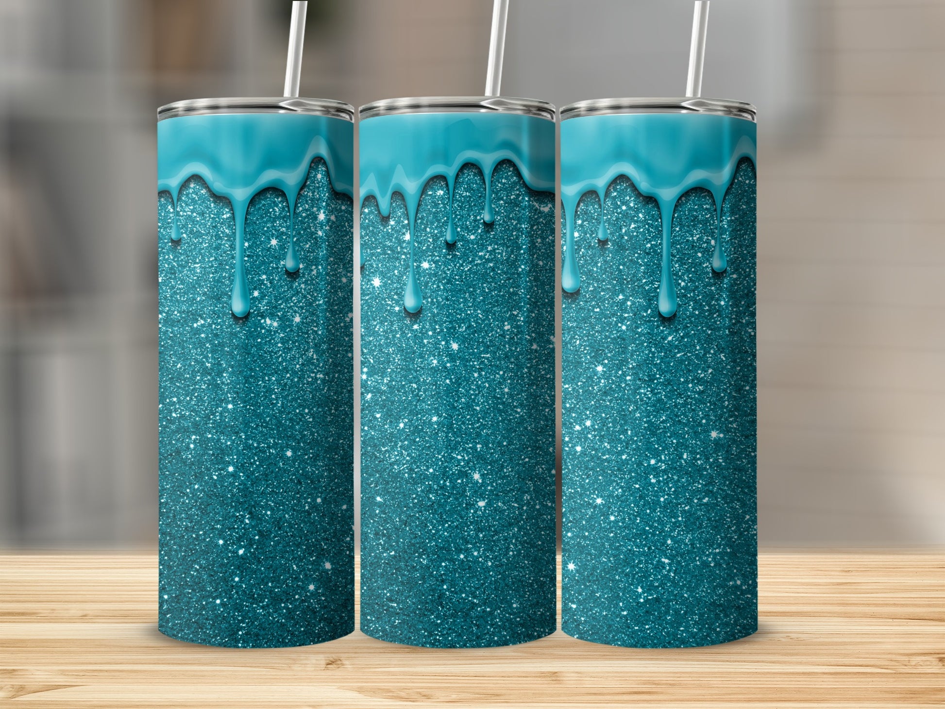 Glittery Teal Tumblers with Dripping Design