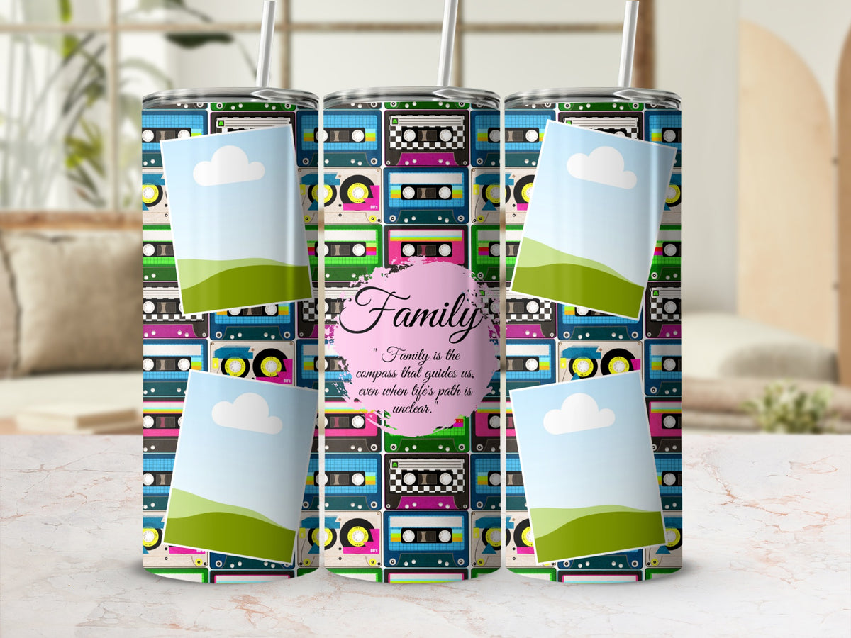 Tumbler with colorful cassette tape pattern and "Family" quote.