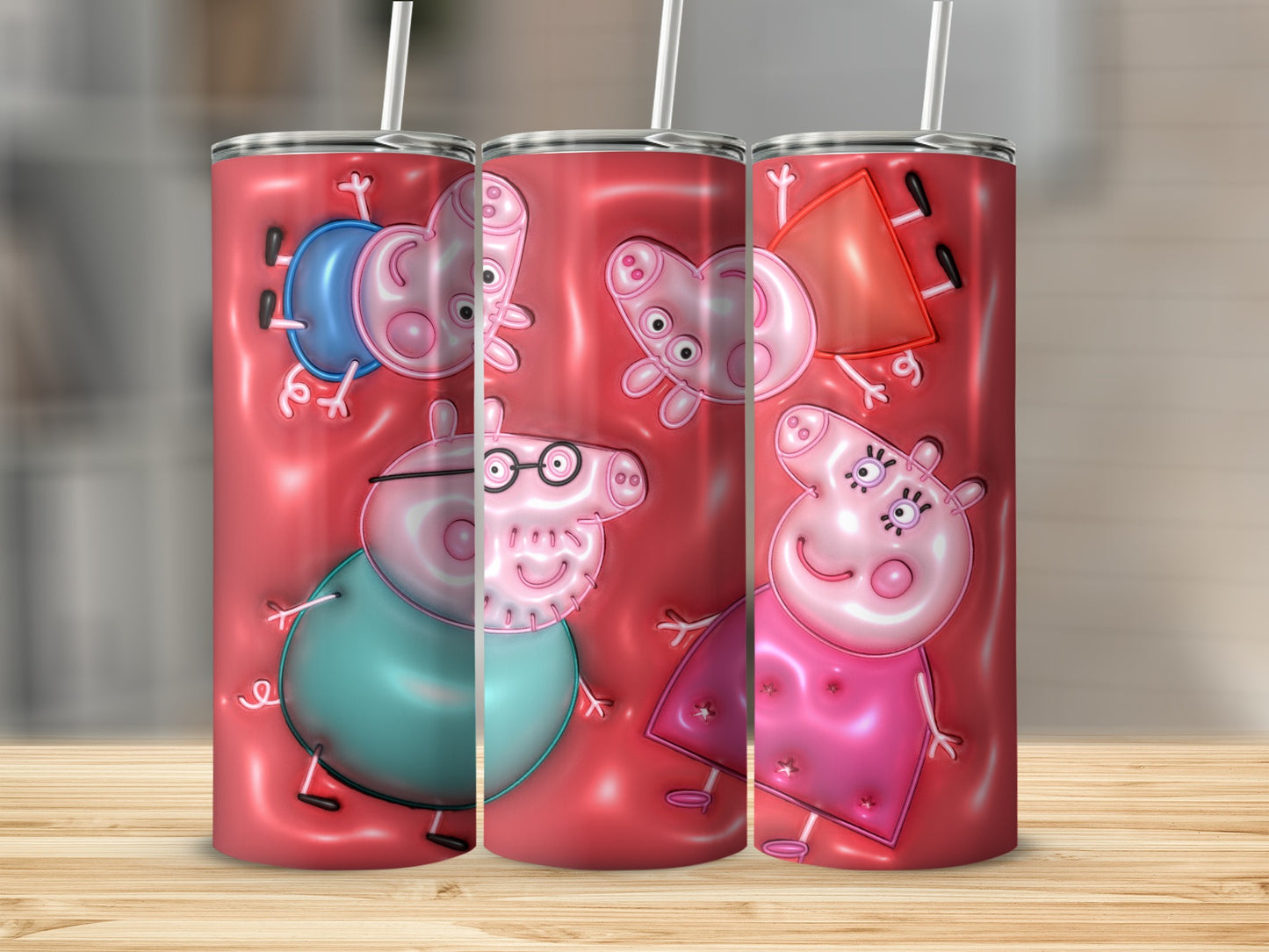 Cartoon Peppa Pig Family Pink Background Premium Tumblers