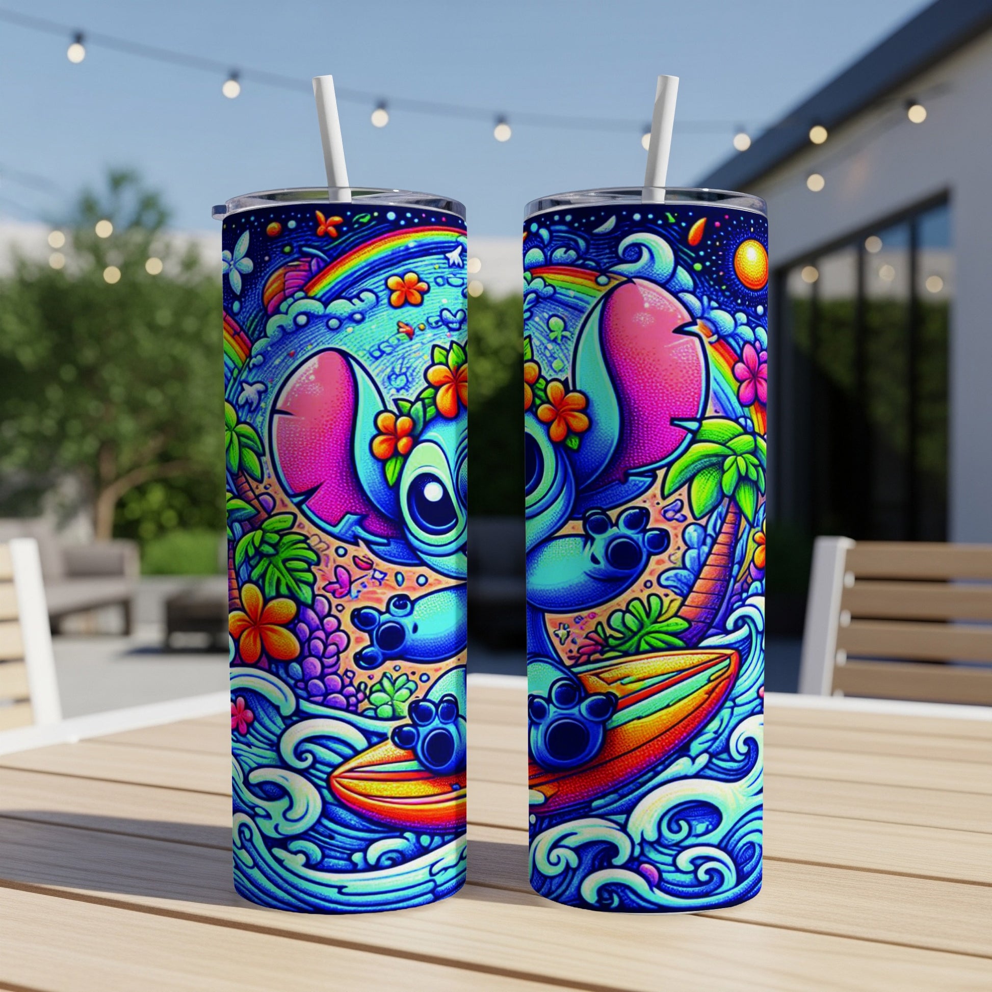 Two Stitch tumblers with colorful, tropical island designs and waves.