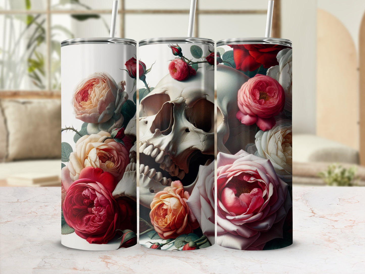 Skull and roses design on three tumblers.