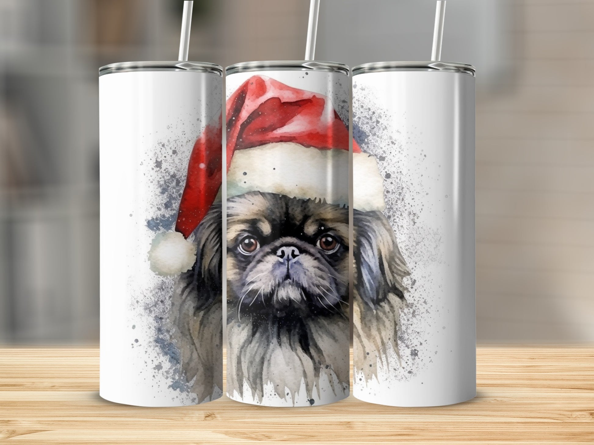 Watercolor painting of a Pekingese dog wearing a Santa hat on a white tumbler.