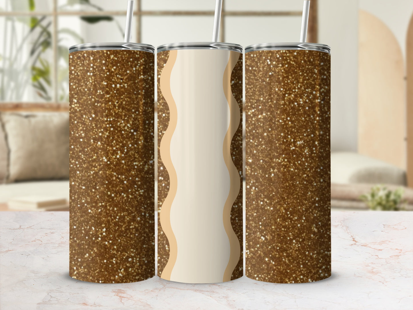 Three glittery tumblers with wavy beige design in the center.