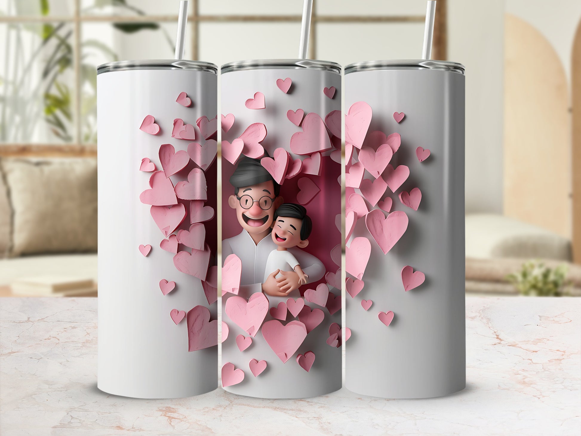 Three white tumblers feature a father and son embraced amidst a shower of pink hearts.
