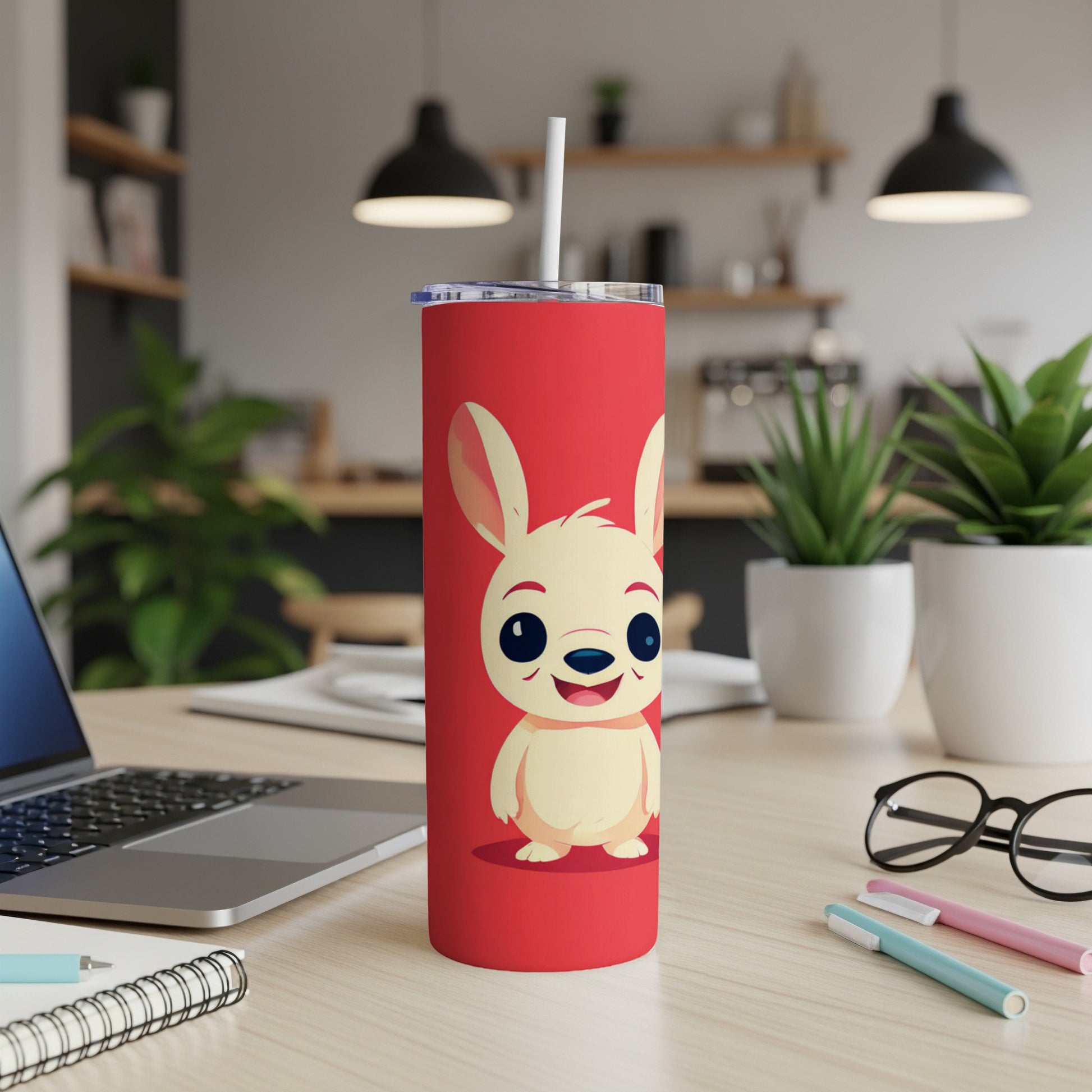 Red tumbler with cartoon bunny character and straw on desk.