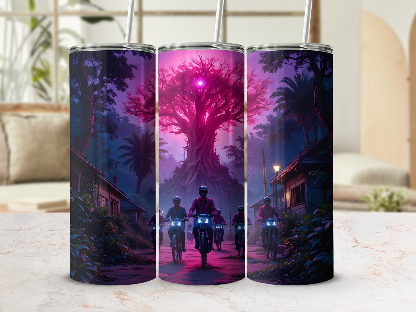 Motorcyclists ride past a glowing pink tree in a village at dusk.