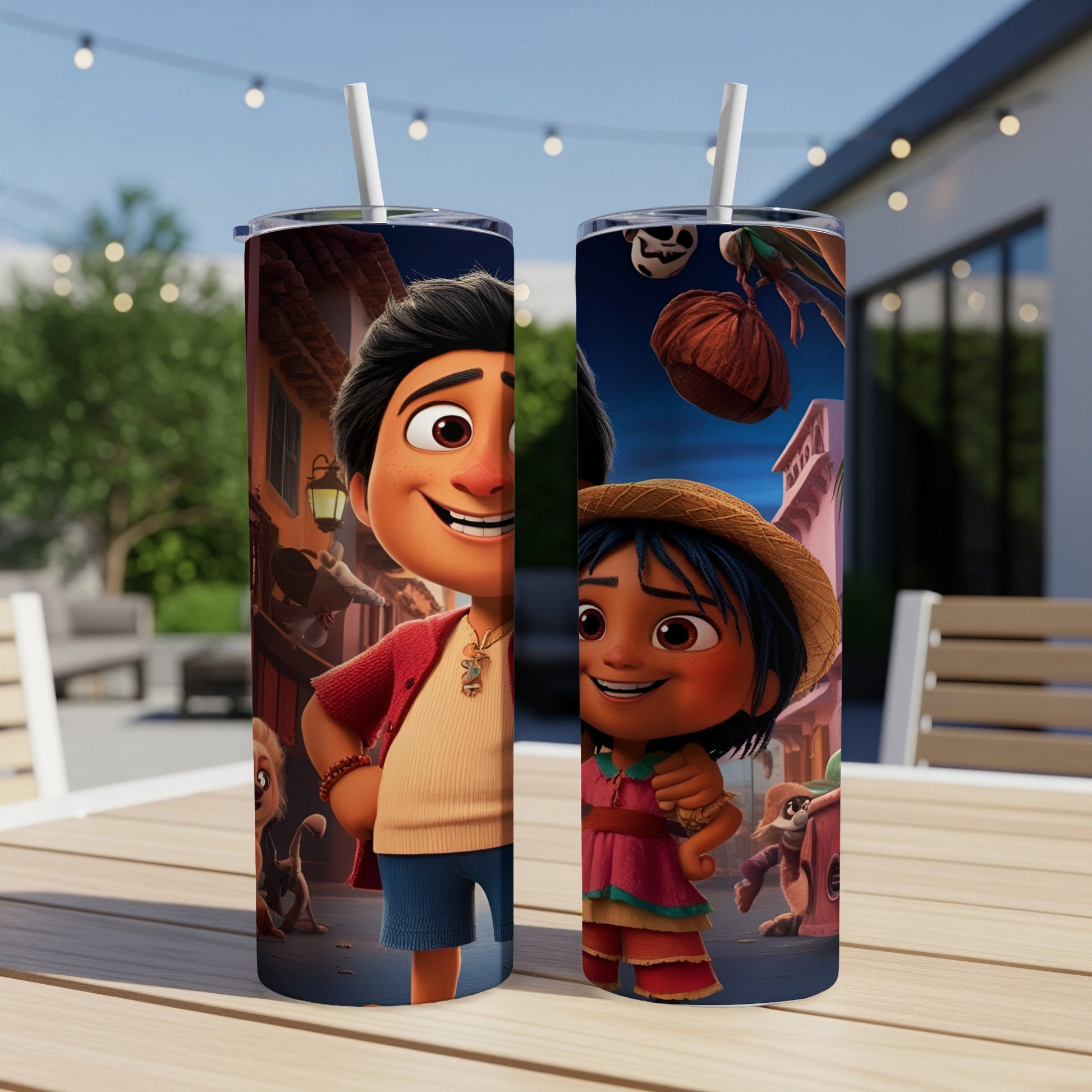 Animated characters Mateo and Sofia from "Elena of Avalor" on a tumbler.