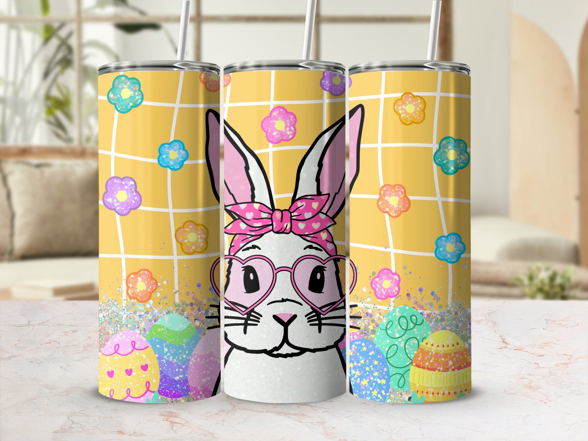 Bunny with glasses and colorful Easter eggs on yellow plaid background.