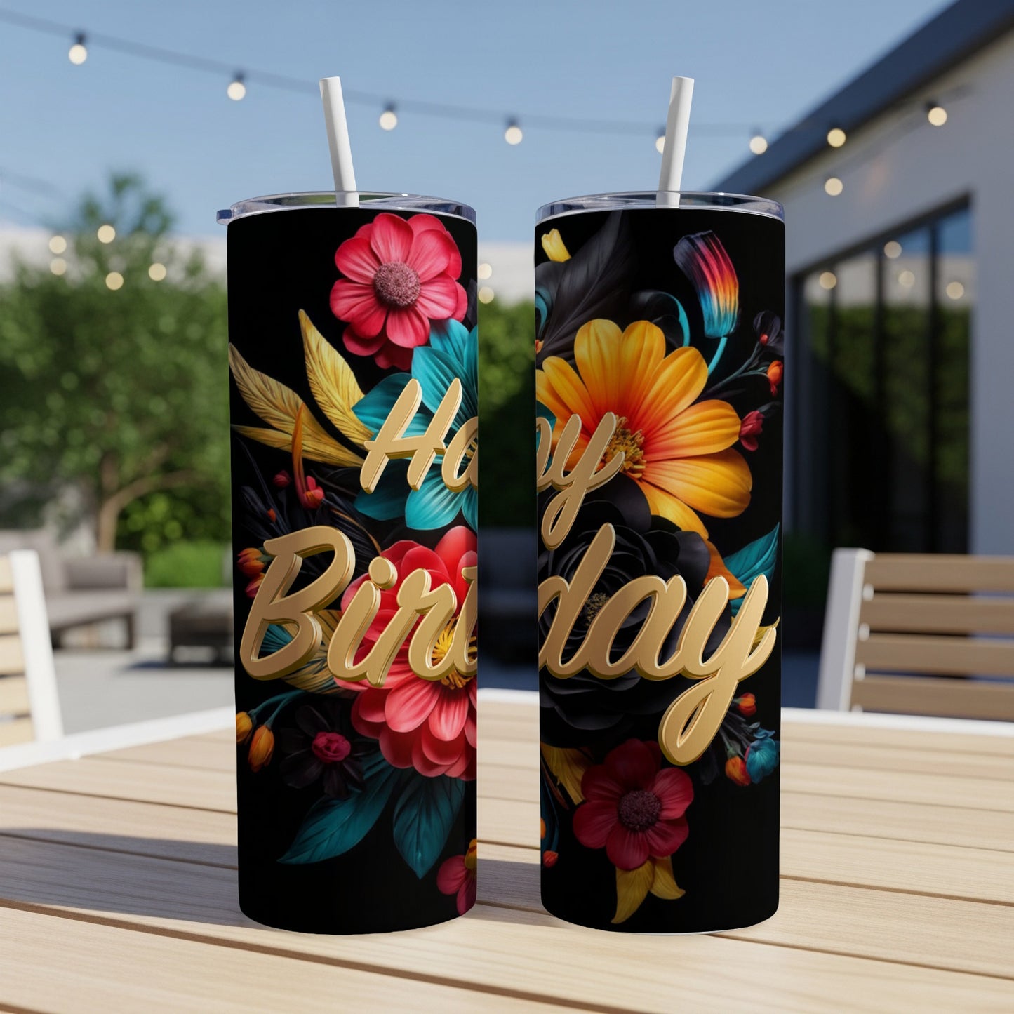 Black tumbler with "Happy Birthday" text and colorful floral design.