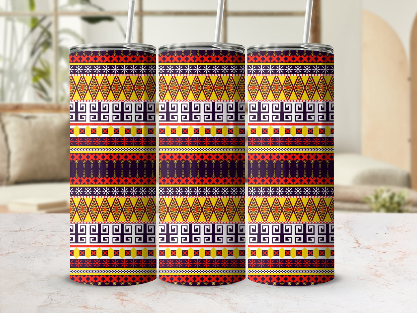Geometric and Tribal Patterned Design Tumbler Product