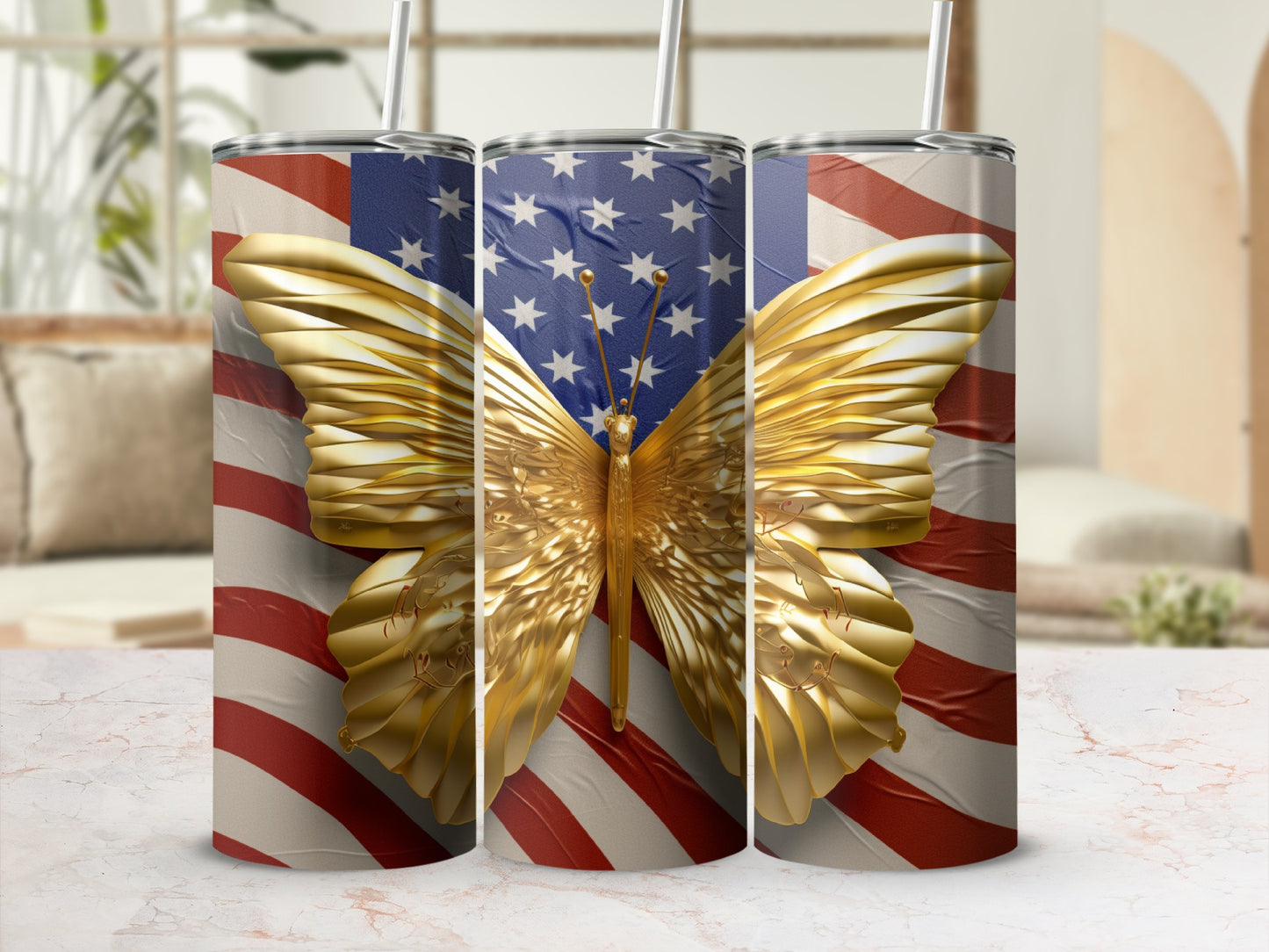 Gold butterfly on USA flag tumbler with straw.