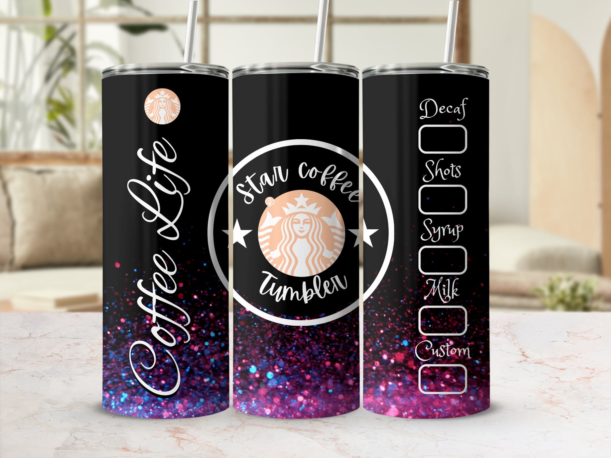 Stan Coffee Tumbler with Glitter Design and Custom Options