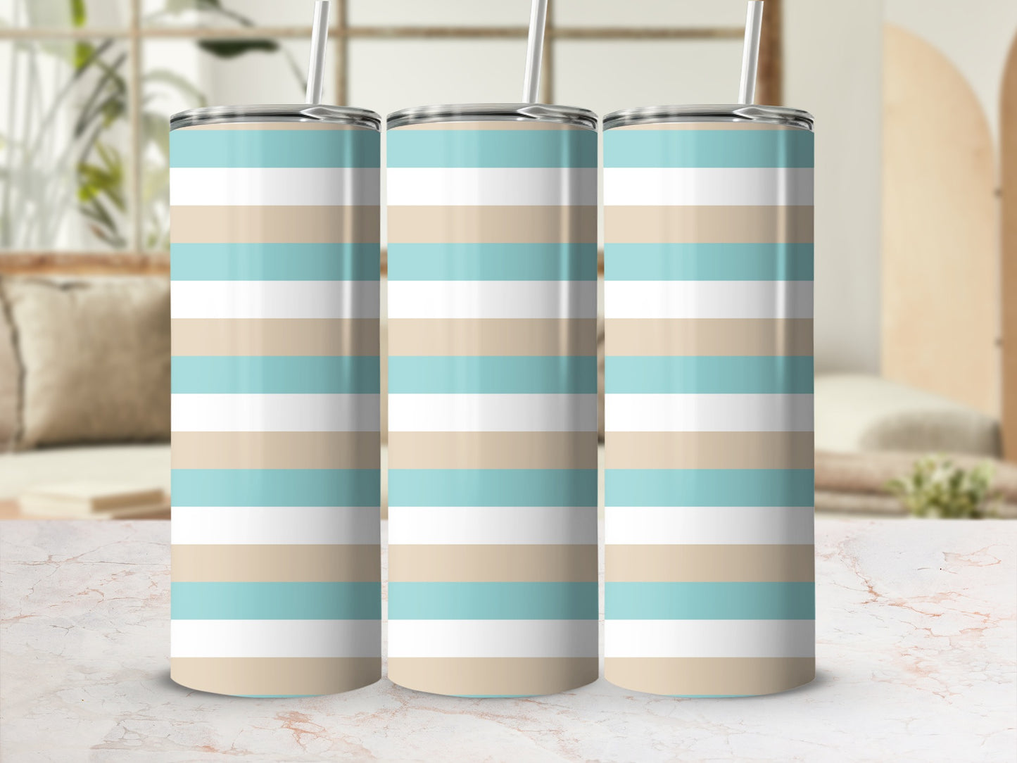 Three striped tumblers with blue, tan, and white horizontal bands.