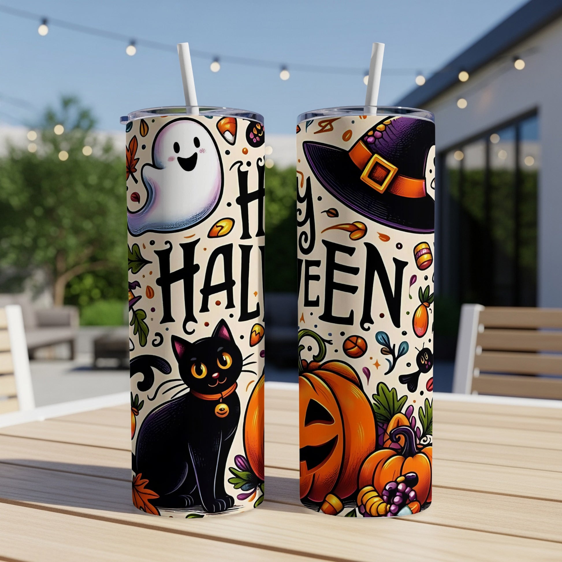 Halloween themed tumblers with ghost, black cat, witch hat, and pumpkins.