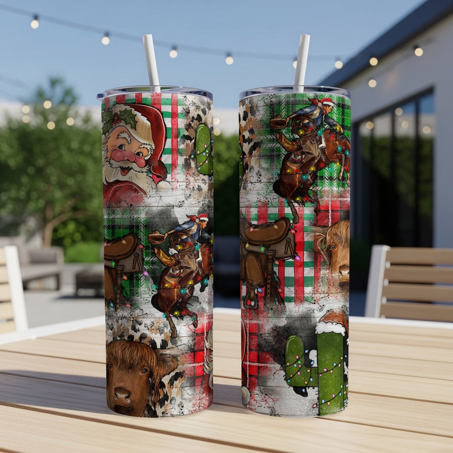 Two tumblers with Santa, cows, horses, cacti, and Christmas lights.