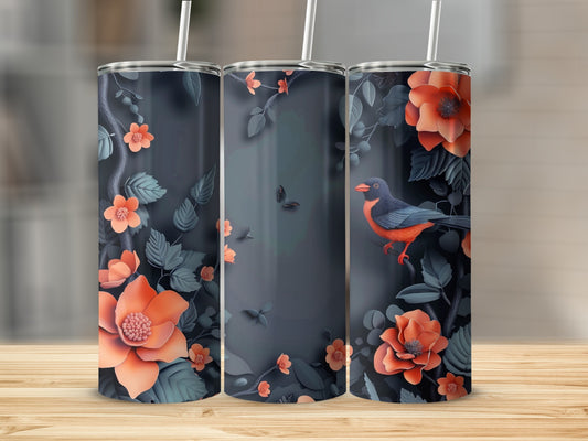 Three tumblers with orange flowers, green leaves, and a bird on a dark background.