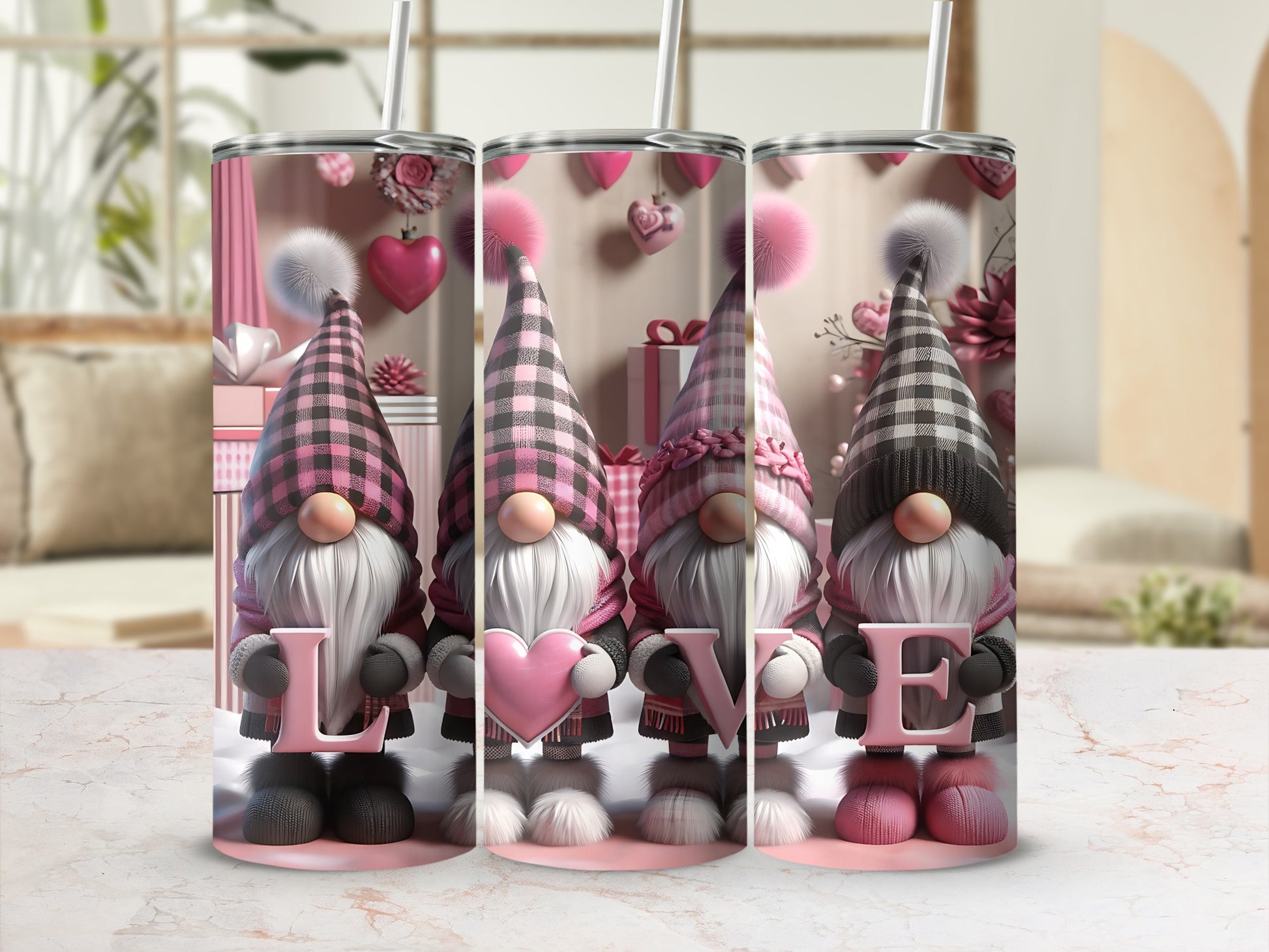 Four gnomes holding letters spelling "LOVE" with pink hearts and plaid patterns.