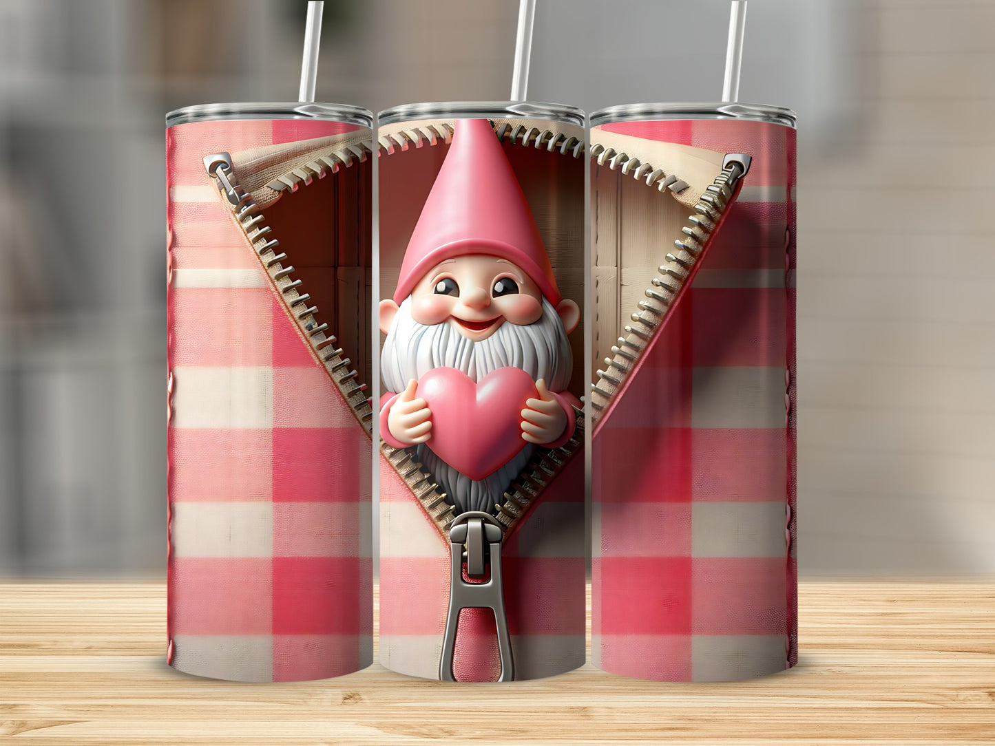 Gnome holding heart peeking through zipper on pink plaid tumbler.