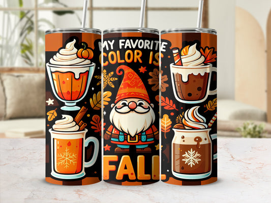 Fall gnome and pumpkin spice drinks on a tumbler.