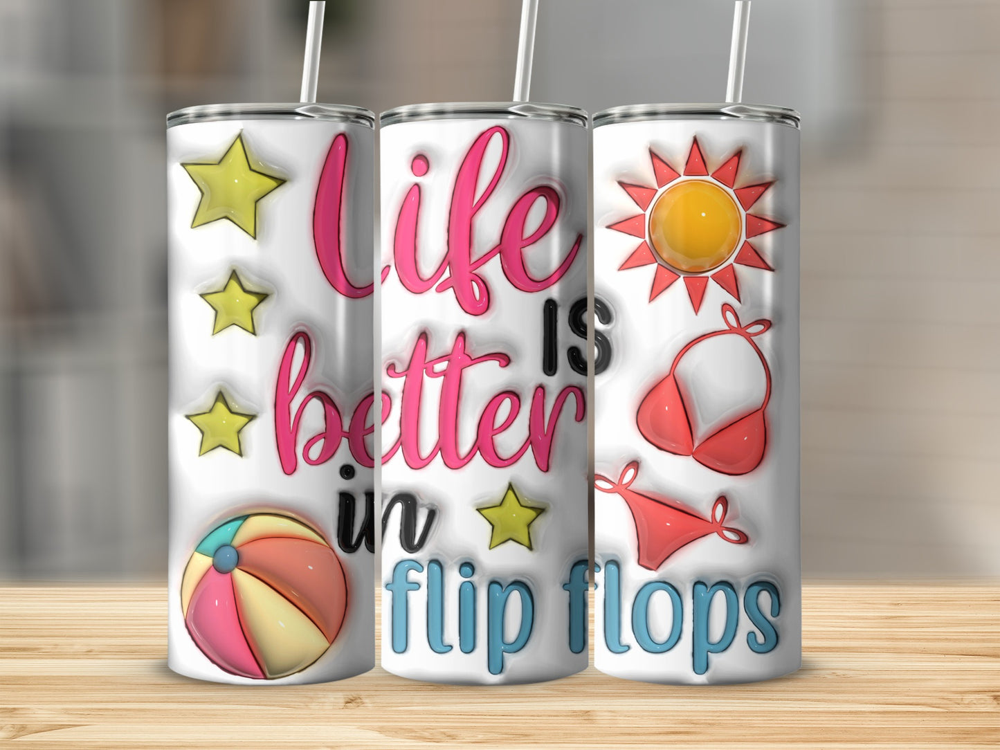 "Life is better in flip flops" text on a tumbler with beach icons.