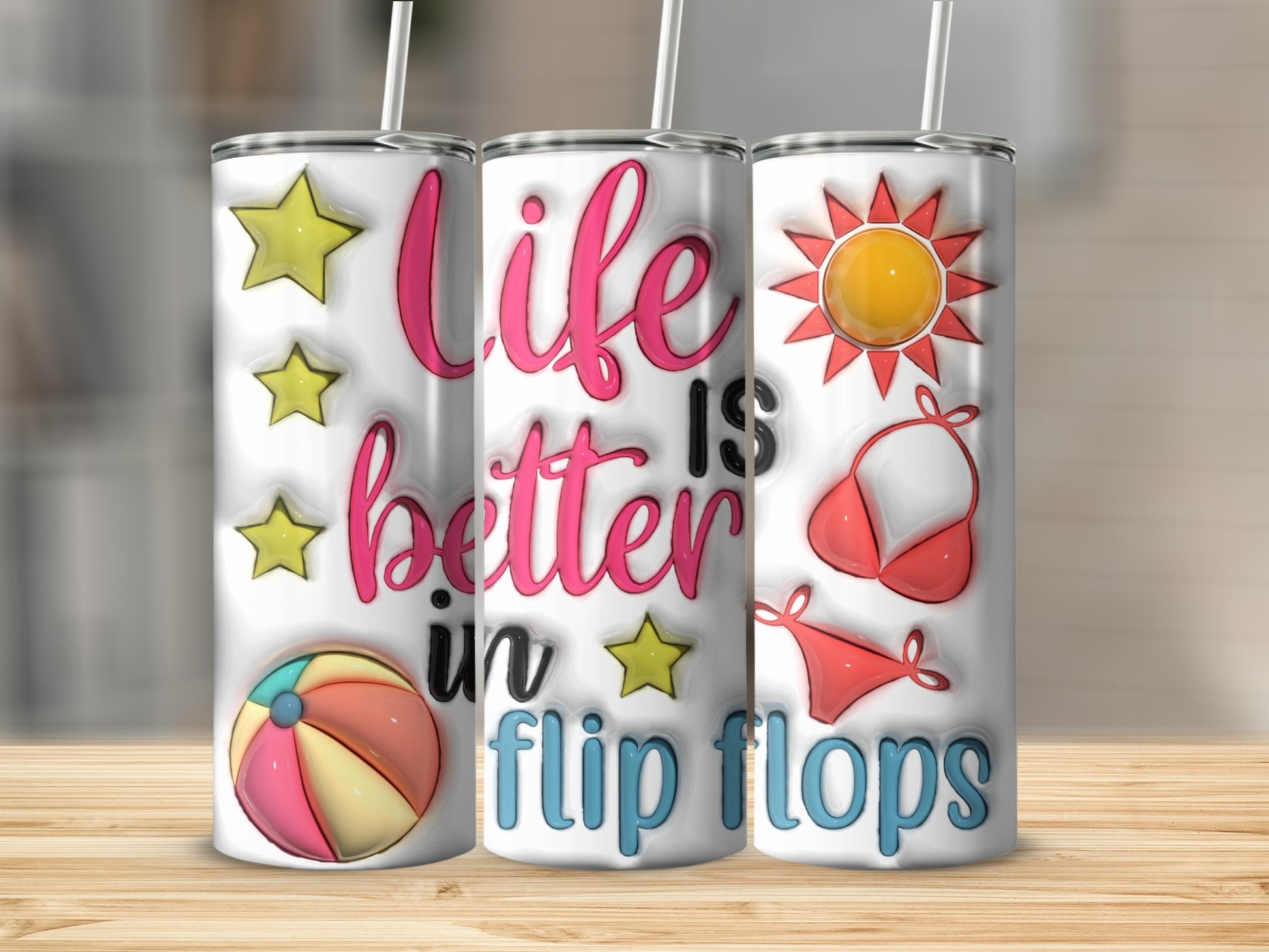 "Life is better in flip flops" text on a tumbler with beach icons.