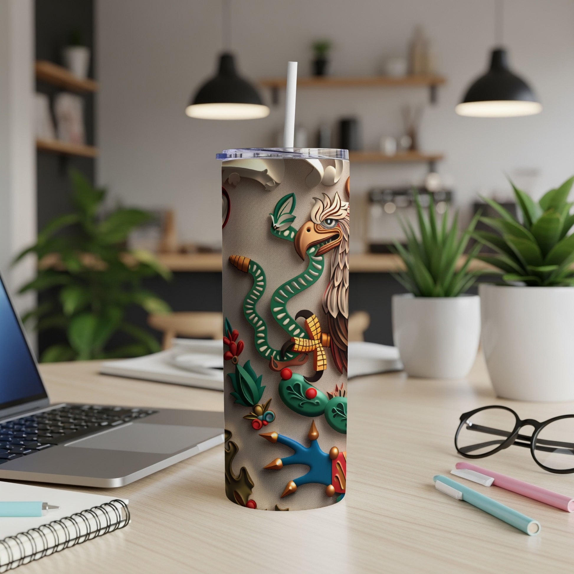 Dragon and eagle design on a tan tumbler with a white straw.