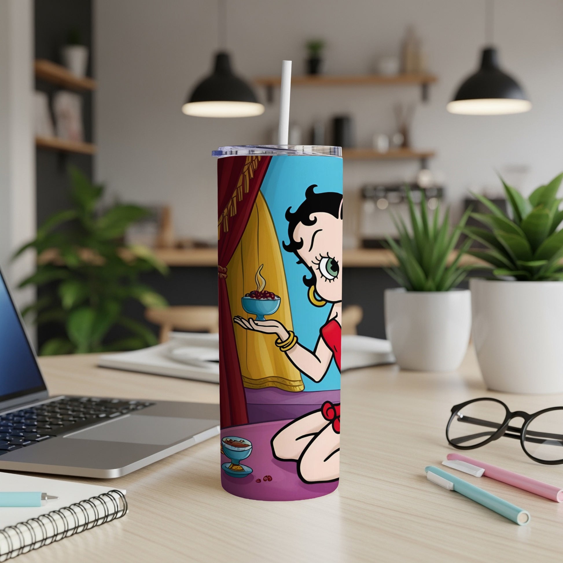 Betty Boop character on a tumbler, holding a bowl of coffee beans.