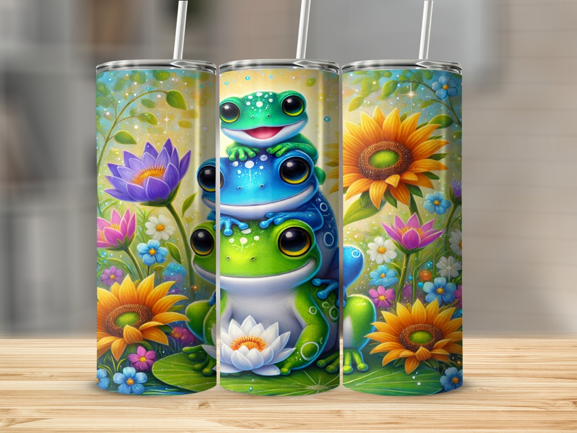 Colorful Frogs and Flowers Artwork Tumbler Cup