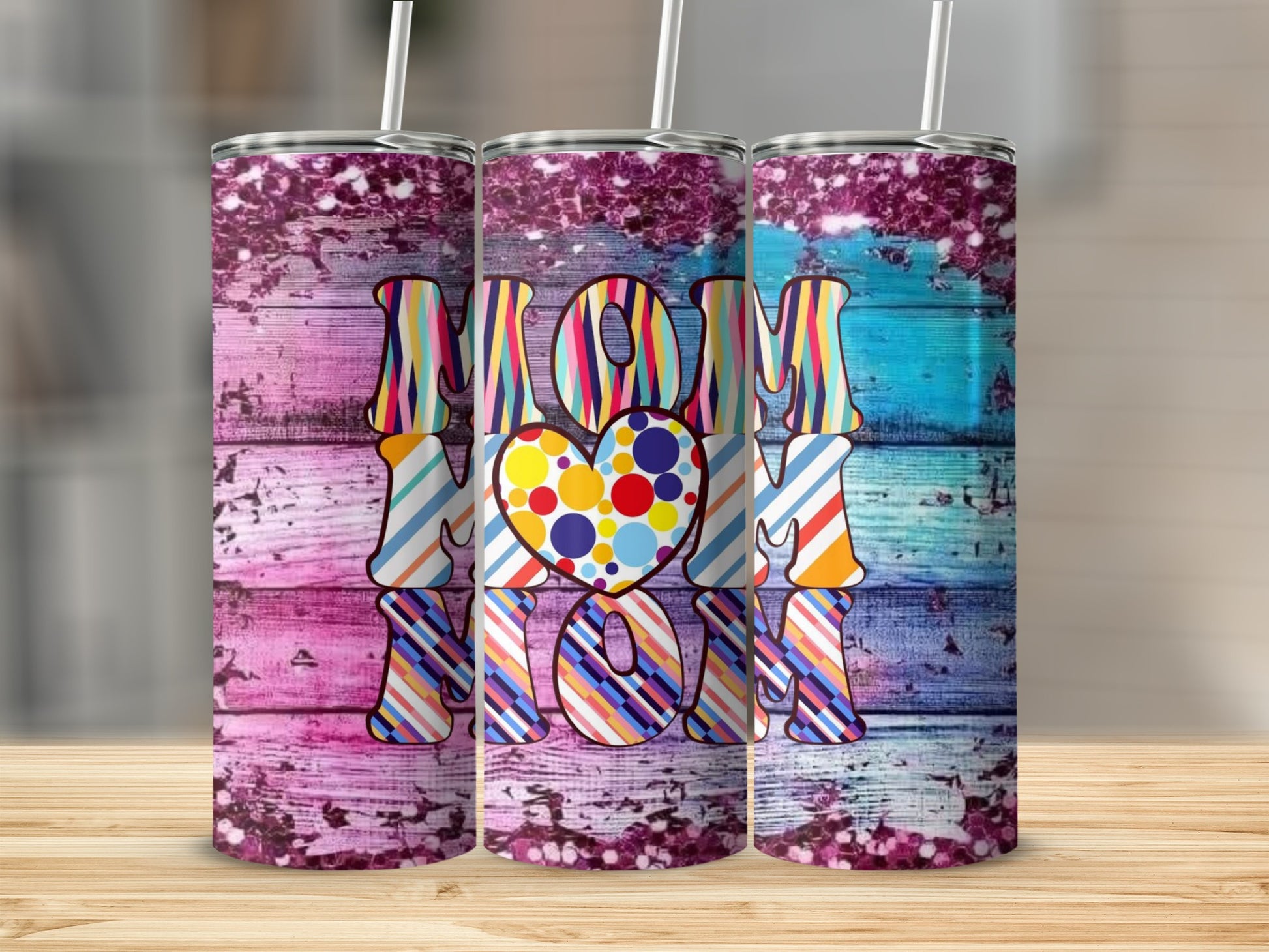 Colorful MOM Heart Design Insulated Tumbler Cup