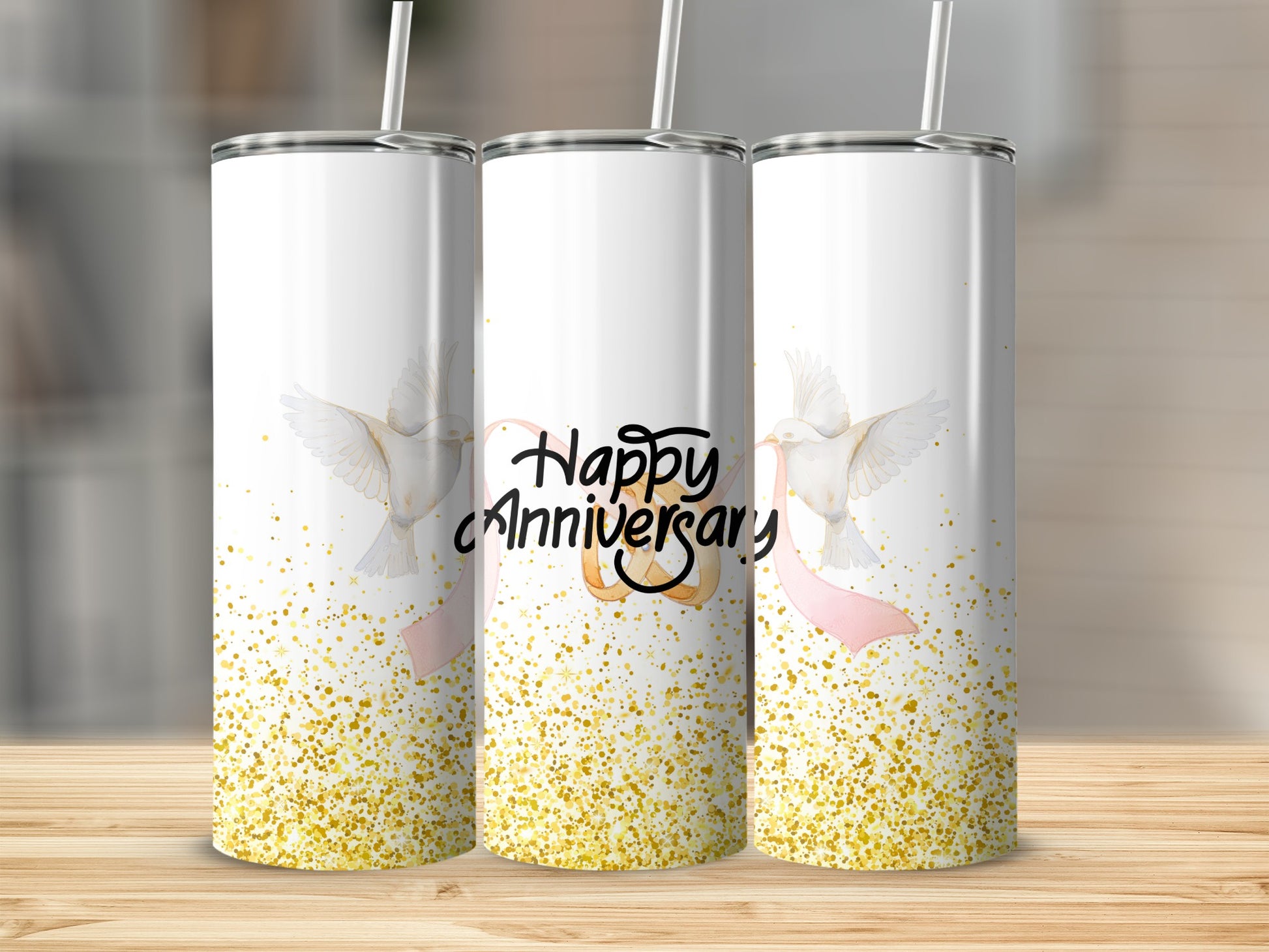 Three tumblers with doves, gold glitter, and "Happy Anniversary" text.