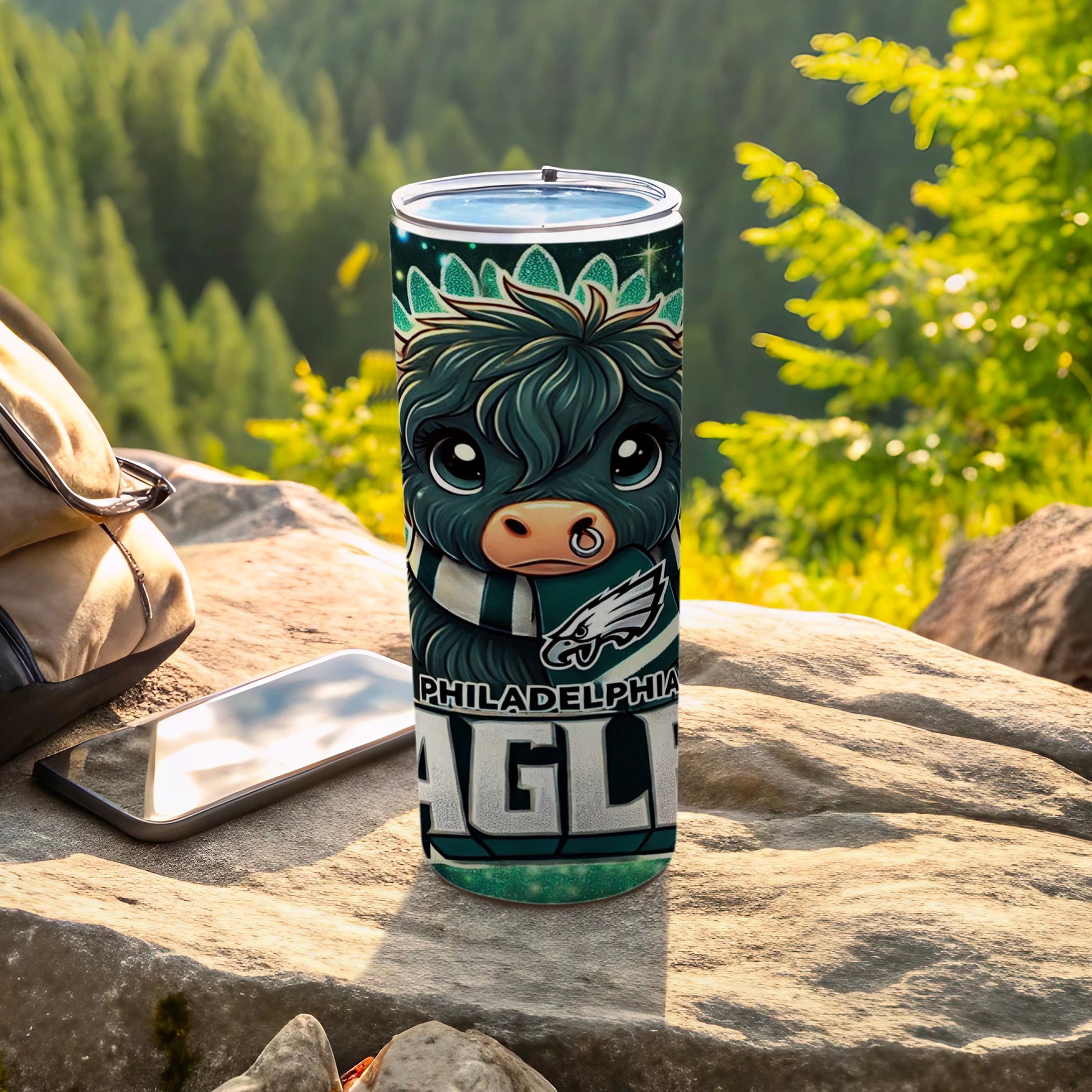 Philadelphia Eagles tumbler with a cartoon bull wearing a scarf.